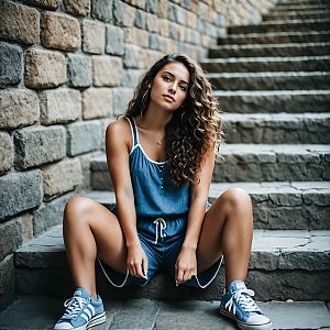 Young Woman in Blue Romper on Stone Steps