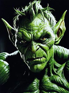 Green Goblin Close-Up Portrait with Intense Facial Expression