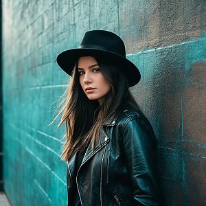 Young Woman in Black Leather Jacket and Hat Against Teal Wall
