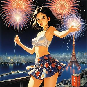 Young Woman with Sparklers in Night Cityscape