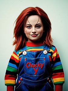 Woman Wearing Authentic Chucky Costume with Rainbow Sweater and Denim Overalls