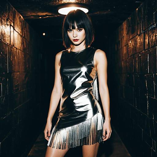 Woman in Metallic Silver Fringe Dress Standing in Dark Corridor Fashion Portrait