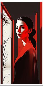 Contemplative Woman in Red Doorway