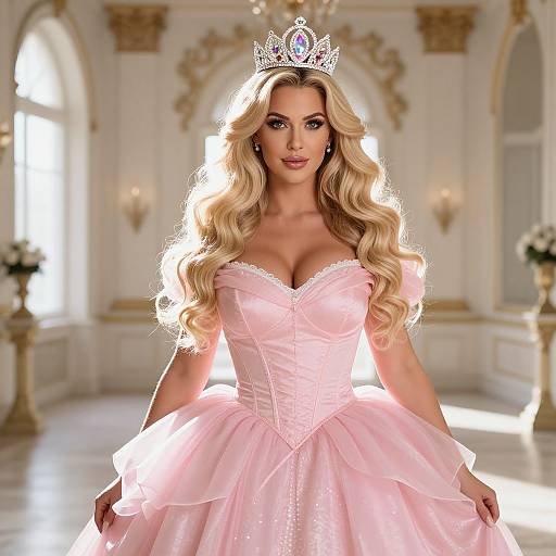 Elegant Blonde Woman in Pink Ball Gown and Jeweled Crown in Luxurious Palace