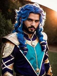 Man Cosplay Wearing Realistic Neptune Vasilias Costume with Blue Hair and Golden Armor