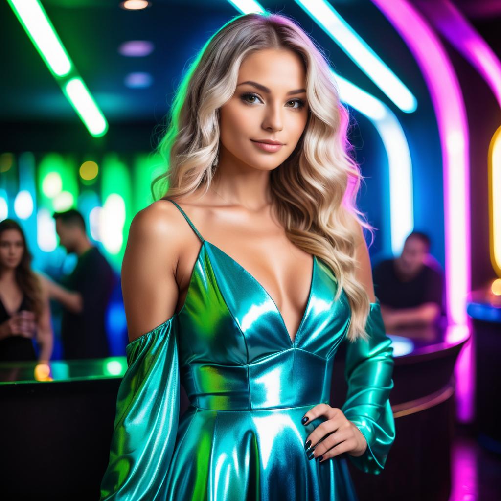 Stylish Woman in Shiny Turquoise Dress at Neon-Lit Nightclub Stylish Woman in Shiny Turquoise Dress at Neon-Lit Nightclub