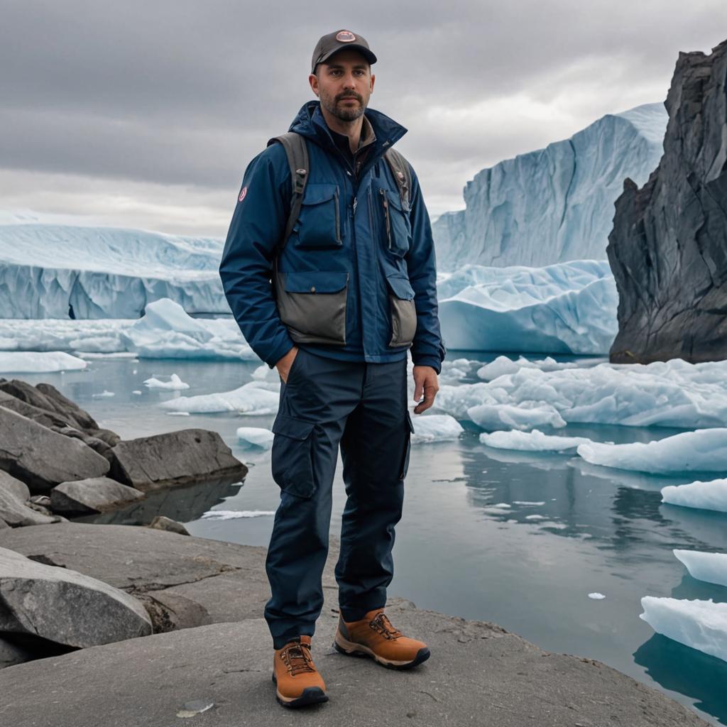 Confident Man on Rocky Shore with Icebergs