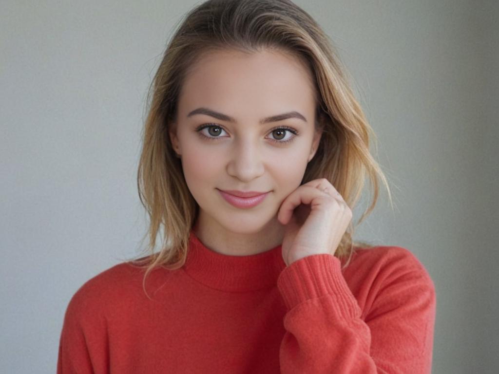 Confident woman in red sweater with warm smile