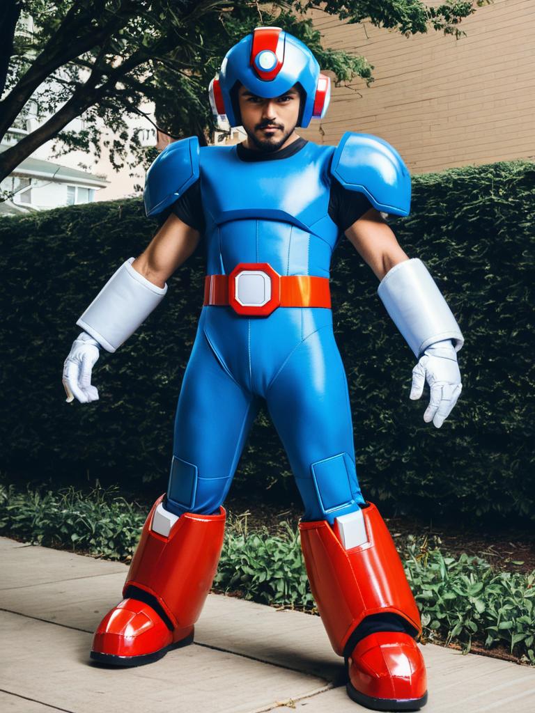 Realistic Mega Man Volnutt Cosplay by Man in Blue and Red Armor Costume