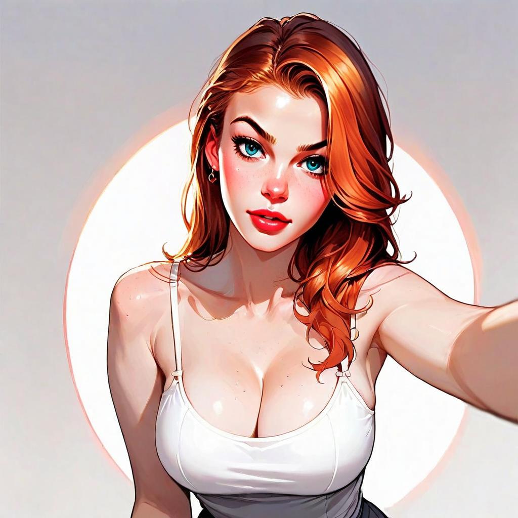 Digital Illustration of Red-Haired Woman with Blue Eyes in White Tank Top
