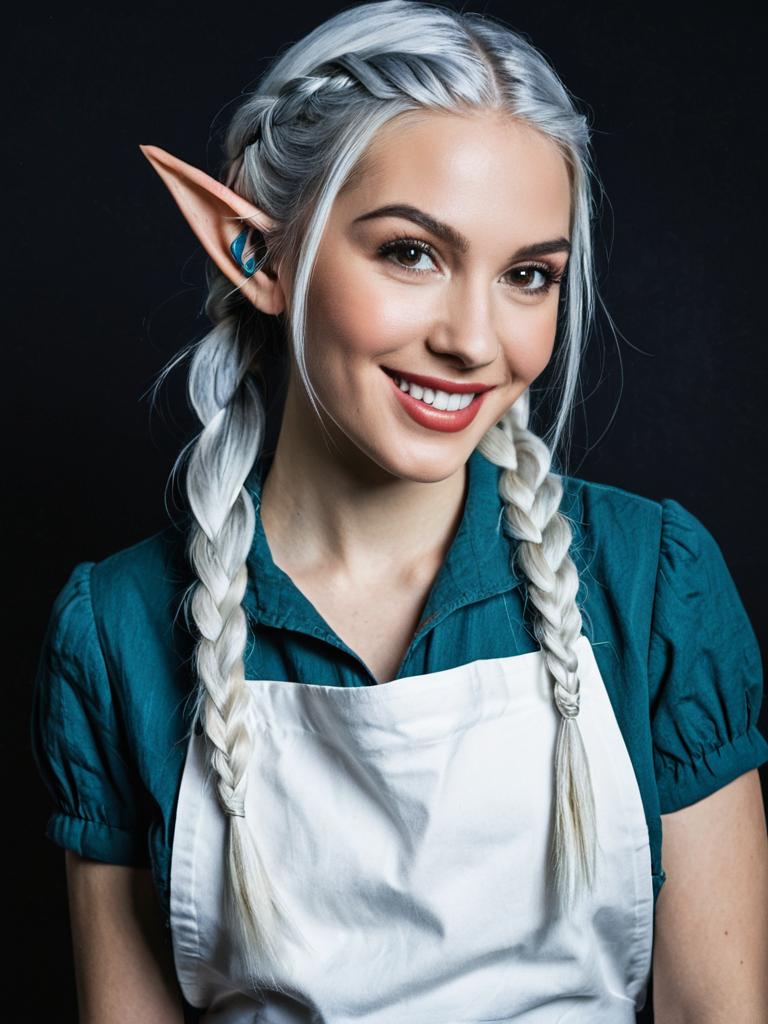 Smiling Woman with Elf Ears in Braided Hair Wearing Apron