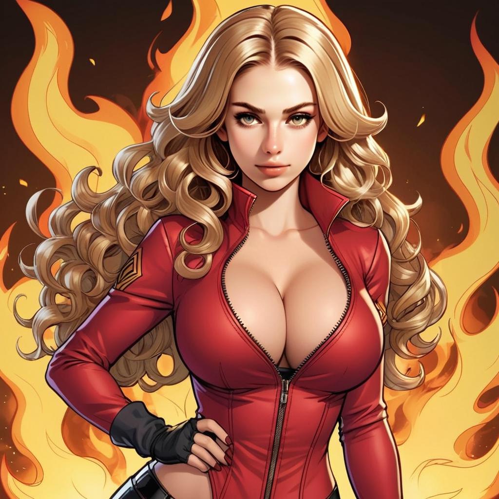 Blonde Woman in Red Jacket with Flames Digital Art Illustration