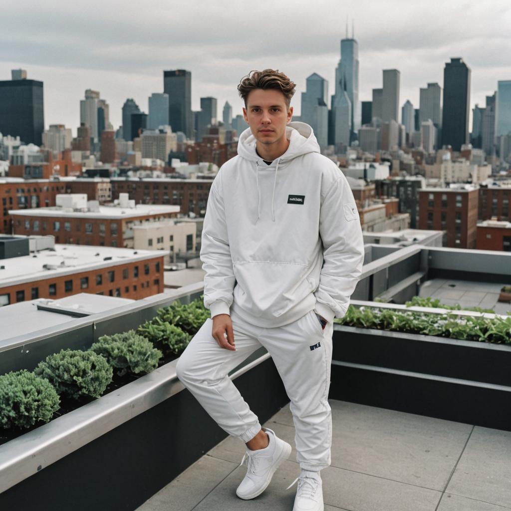 Man in White Outfit on Rooftop with City Skyline