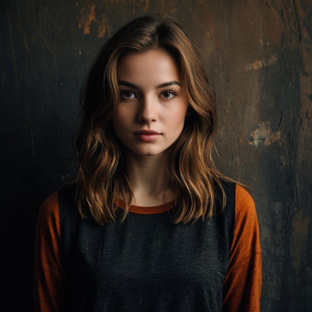 Realistic Portrait of Young Woman with Wavy Hair Against Textured Background