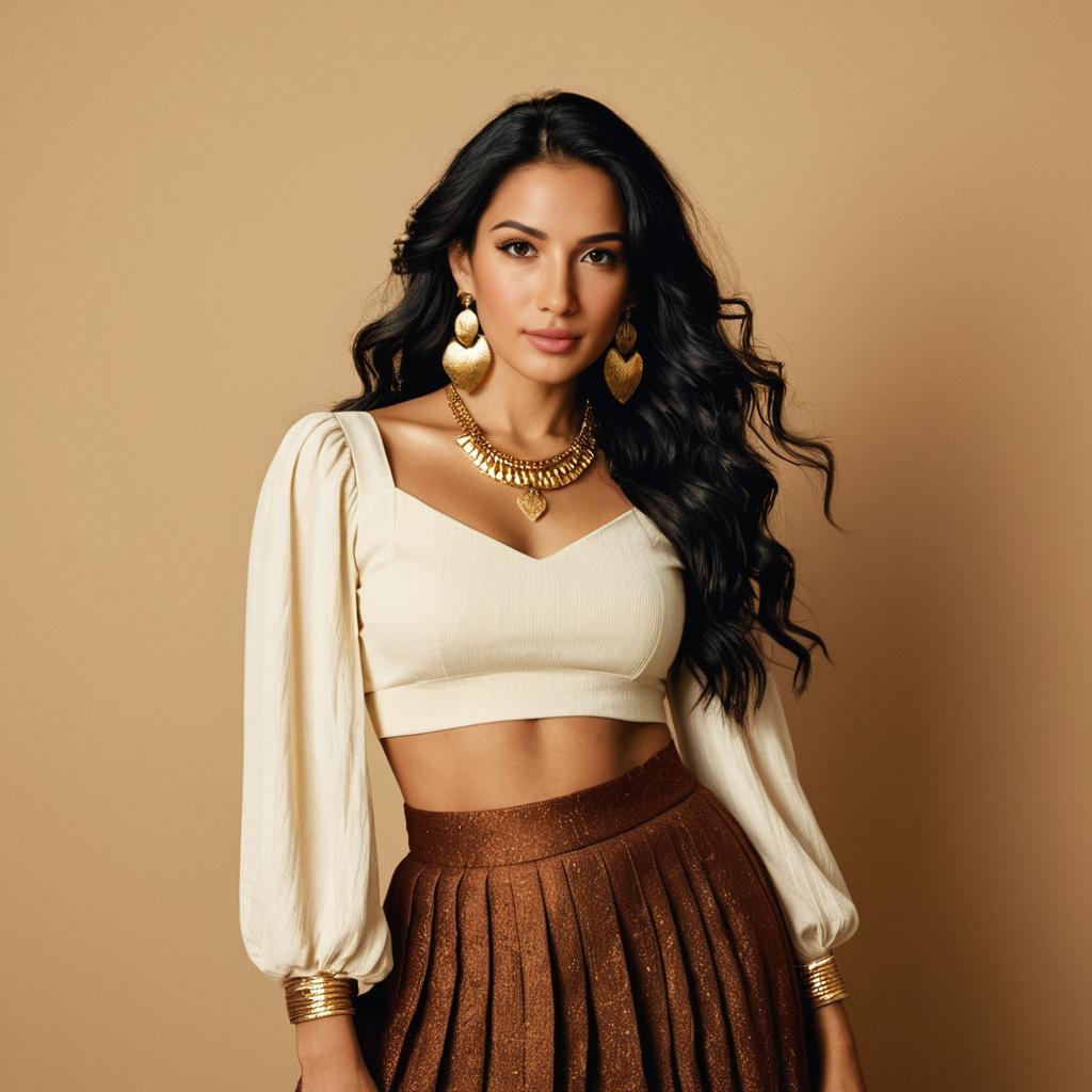 Elegant Woman Wearing Gold Jewelry and Stylish Crop Top with Pleated Skirt