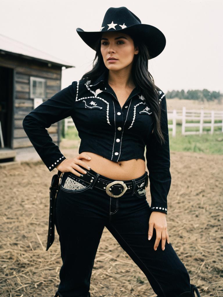 Black Cowgirl Costume Woman in Western Outfit with Cowboy Hat