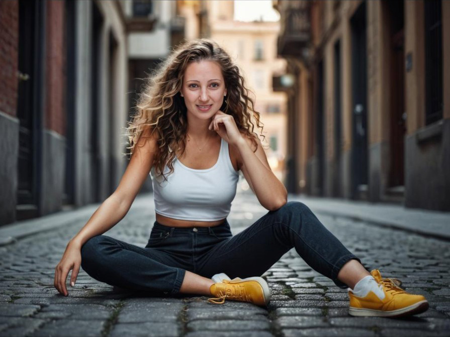 Cheerful woman on cobblestone street