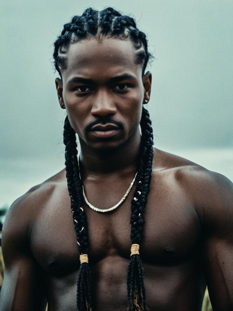 Man with Cornrow Braids Waist Up Editorial Photo Cinematic Realism