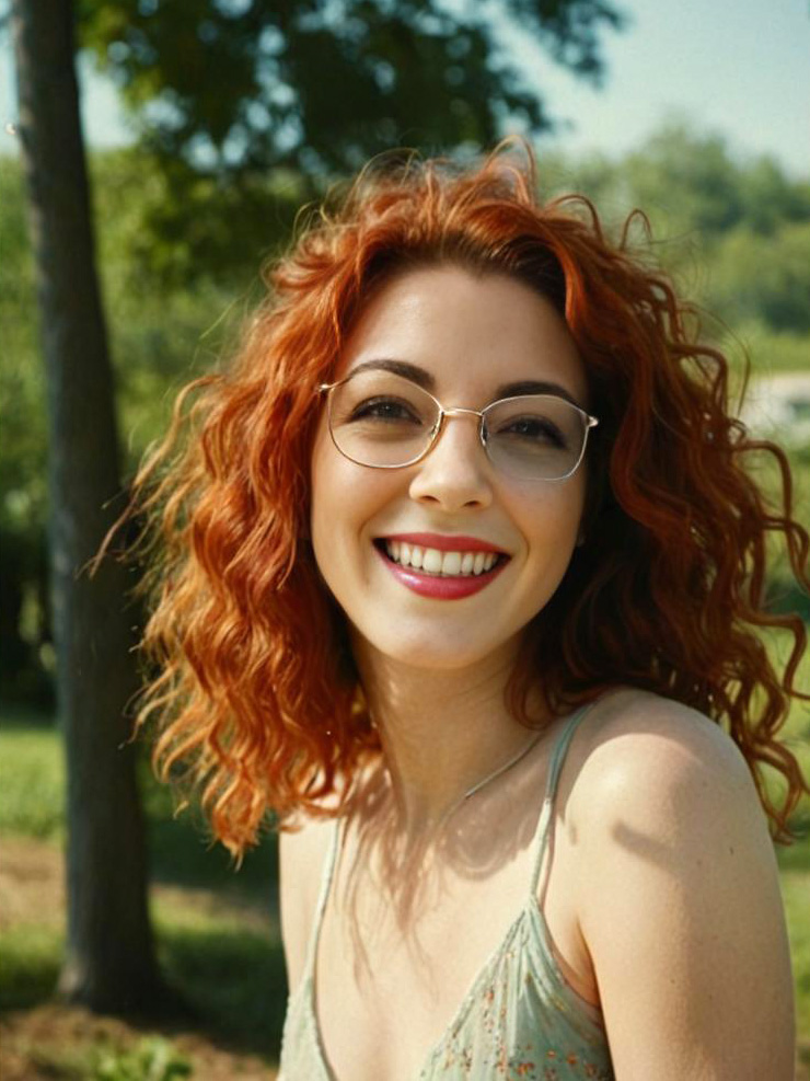 Cheerful woman with red curly hair enjoying a sunny day outdoors