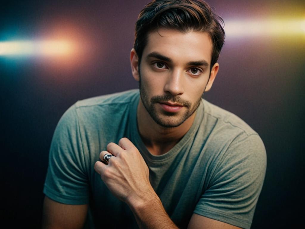 Thoughtful man with colorful lights backdrop