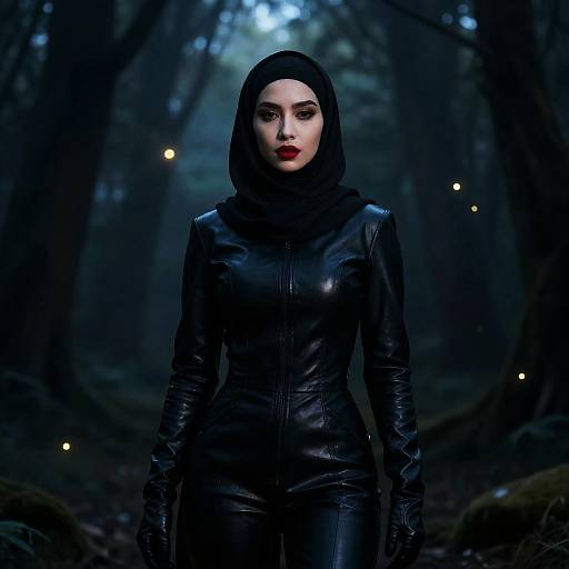 Confident Woman in Black Leather Outfit and Hijab in Mysterious Forest