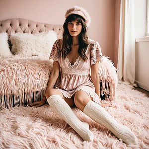 Woman in Romantic Bohemian Short Floral Lace Dress with Blush Tones and Knee-High Socks