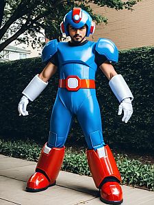 Realistic Mega Man Volnutt Cosplay by Man in Blue and Red Armor Costume