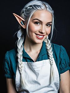 Smiling Woman with Elf Ears in Braided Hair Wearing Apron