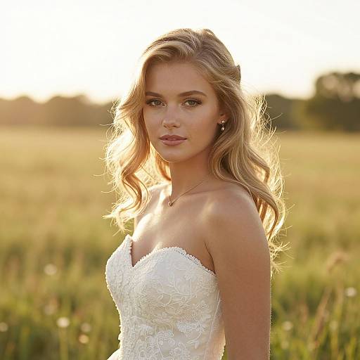 Beautiful Blonde Woman in White Lace Dress Outdoors in Golden Hour