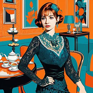 Stylish Woman in Vintage Lace Dress with Red Hair