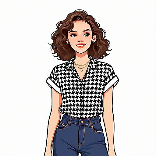 Casual Chic Woman with Wavy Hair in Houndstooth Shirt Digital Illustration