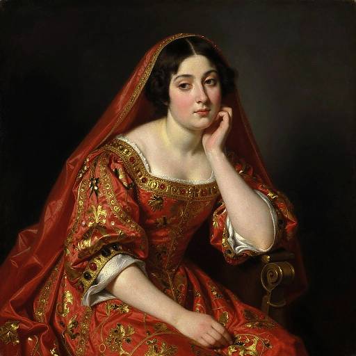 Baroque Portrait of Woman in Ornate Red and Gold Gown