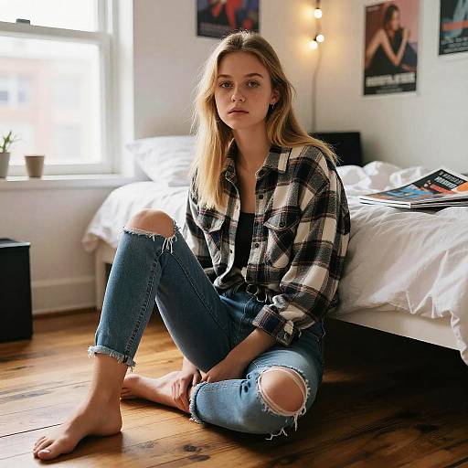 Gen Z Woman in Casual Fashion Sitting on Wooden Floor in Cozy Room