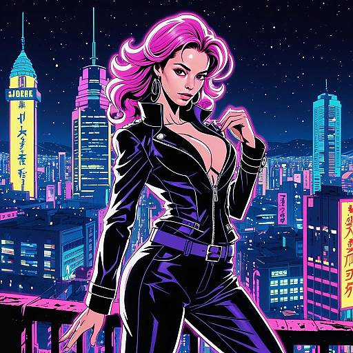 Retro-Futuristic Woman in Black Leather Outfit with Neon Cityscape Background