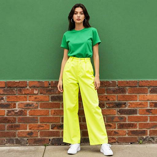 Young Woman in Bright Green T-Shirt and Yellow Pants Standing by Brick Wall