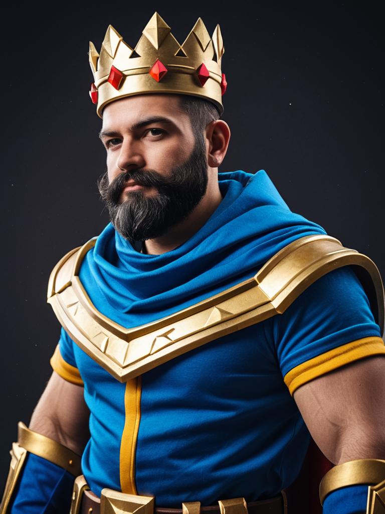 Photorealistic Man in Clash Royale King Costume Cosplay Studio Portrait