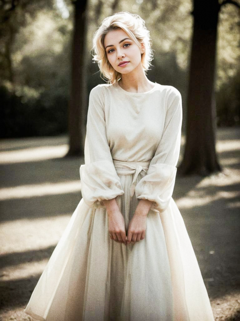 Elegant Woman in Flowing Dress in Nature