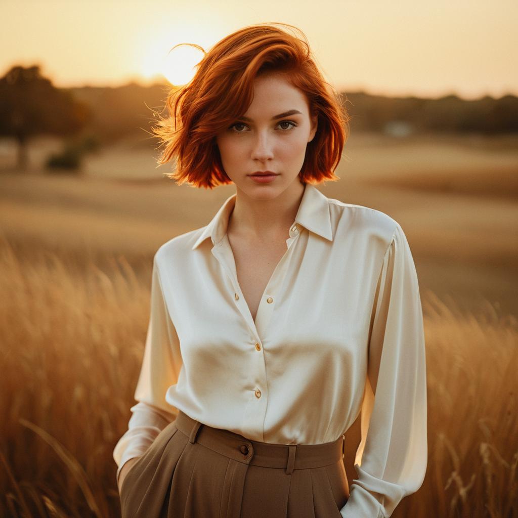 Red Haired Woman in Silk Blouse Standing in Wheat Field at Sunset