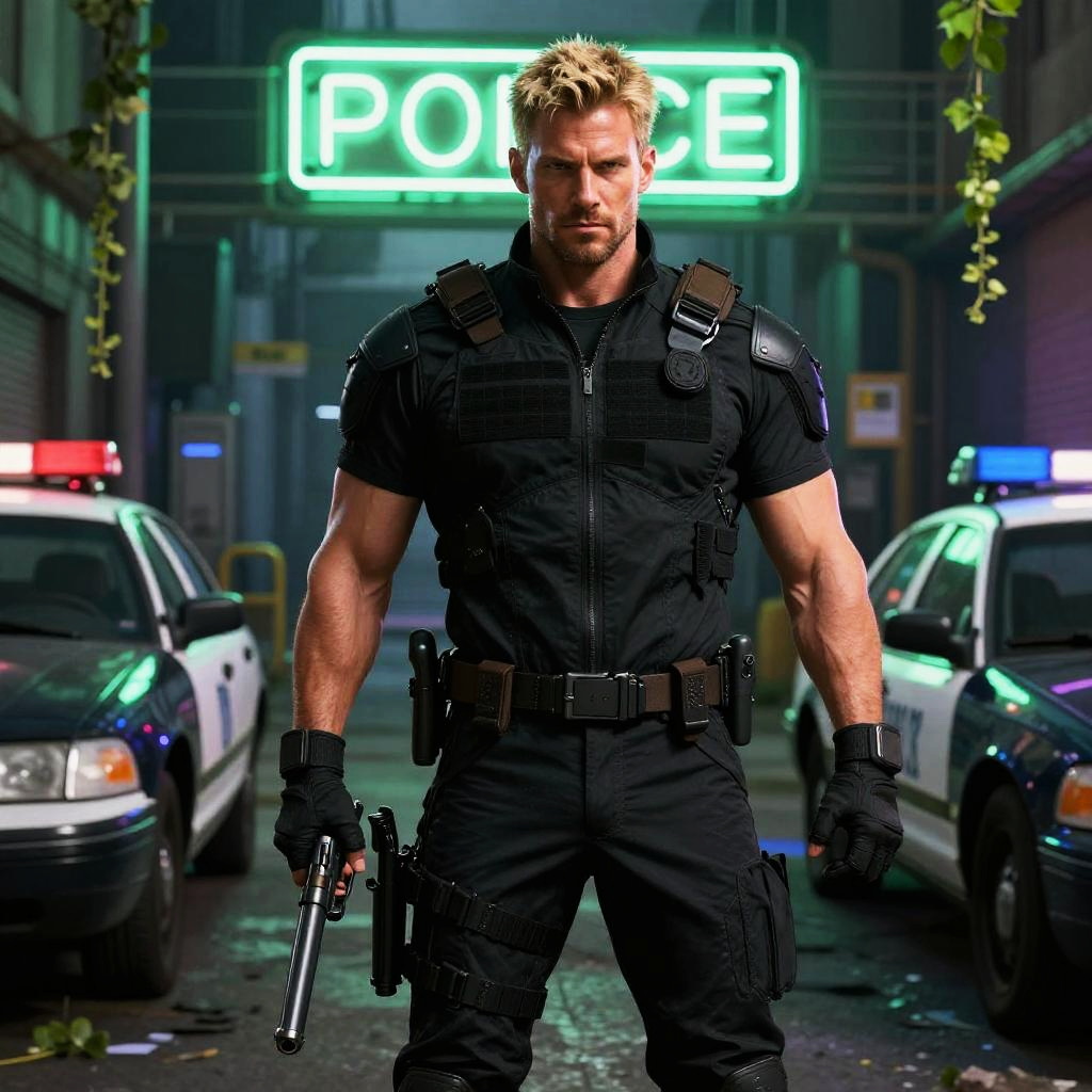 Tactical Police Officer in Urban Night Scene with Patrol Cars