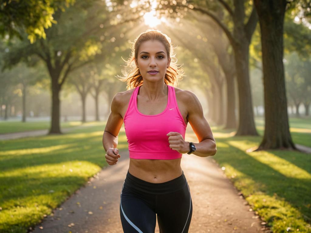 Woman Jogging in Park at Sunrise