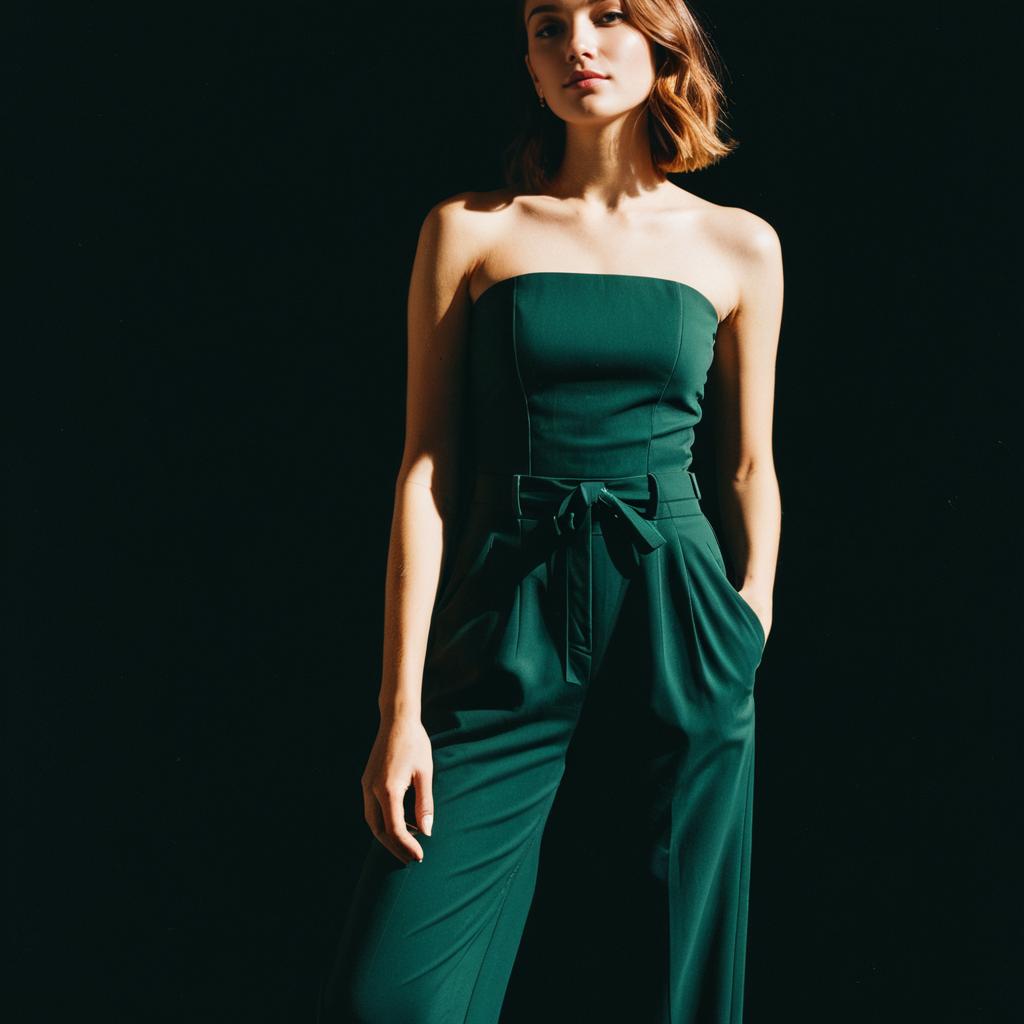 Elegant Woman in Strapless Green Jumpsuit Against Dark Background