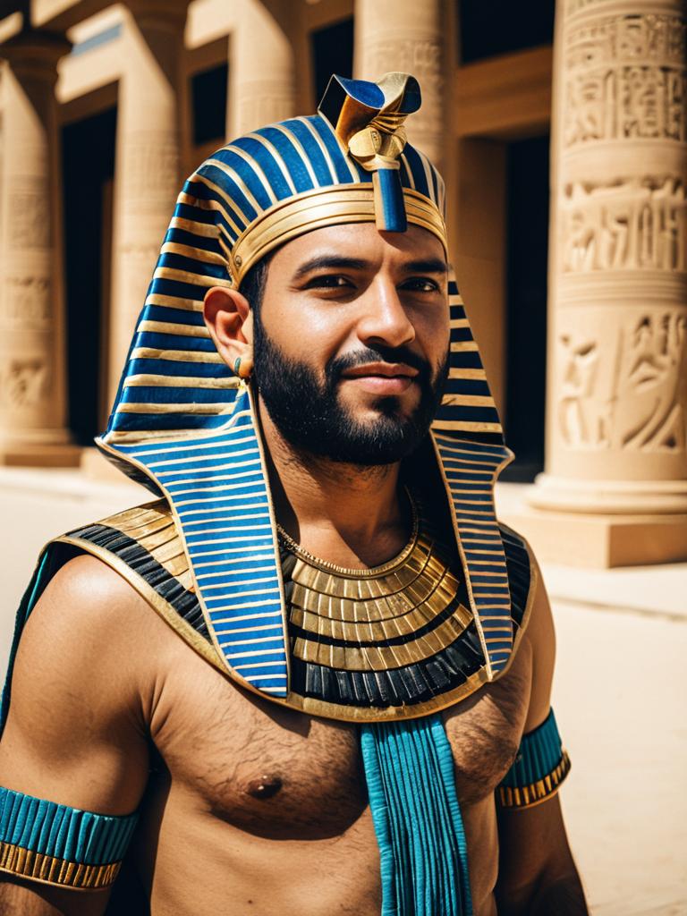 Man in Modern Egyptian Pharaoh Costume with Traditional Headdress and Collar