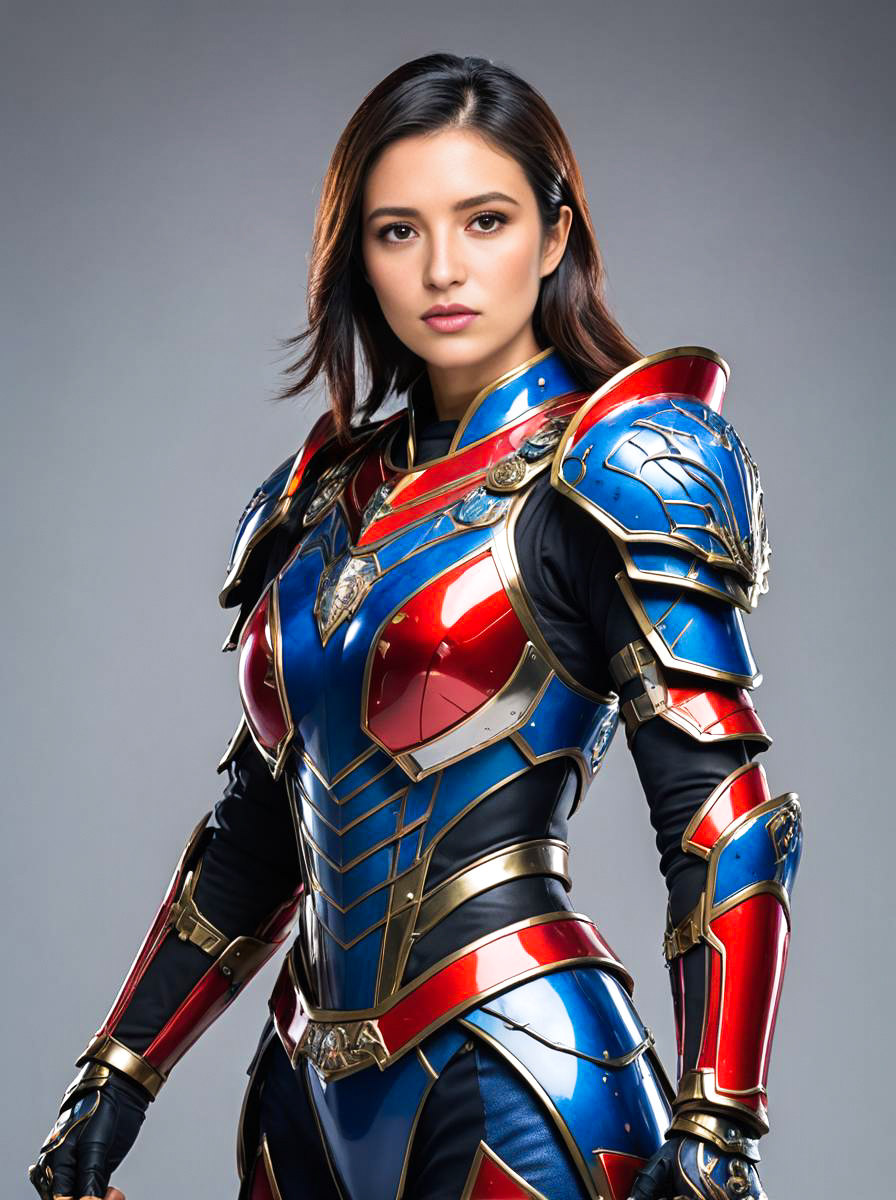 Vibrant Hisako Ichiki Costume with Red, Blue, and Gold Armor