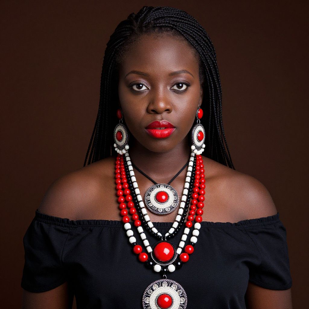 Portrait of Woman with Red and White Beaded Jewelry in Off-Shoulder Black Top