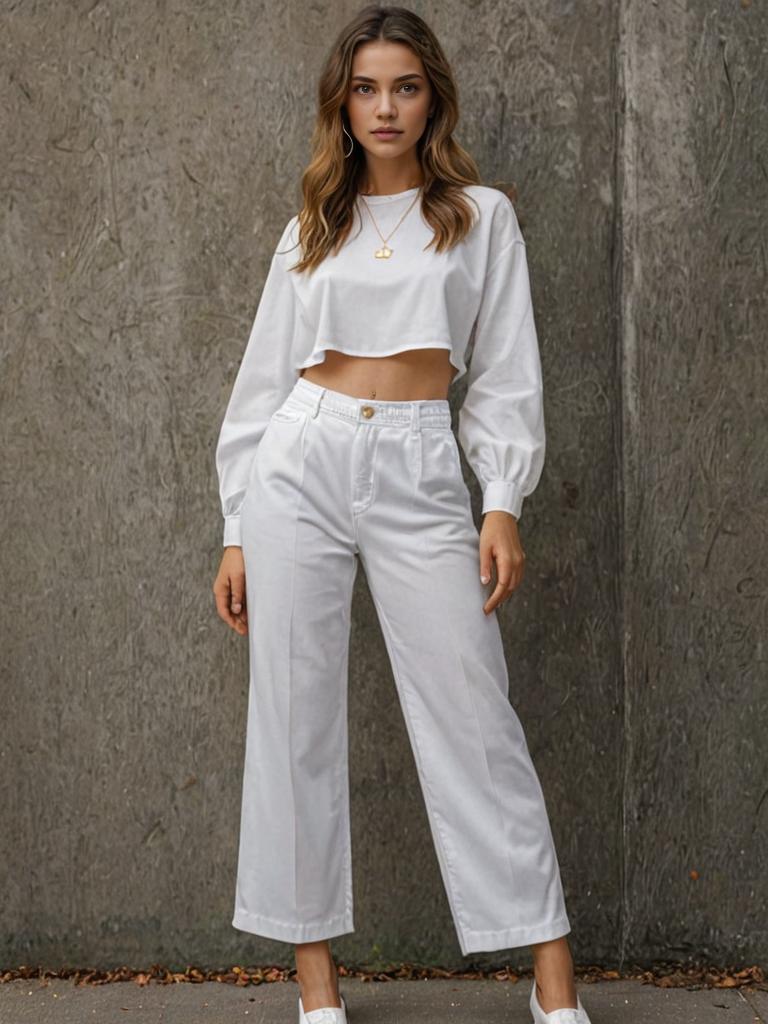 Woman in White Outfit Against Concrete Wall