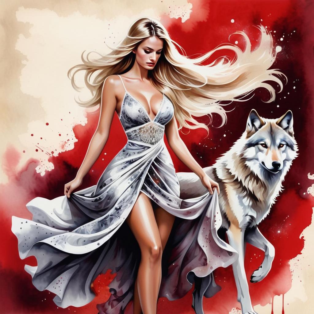 Woman in White Dress with Wolf