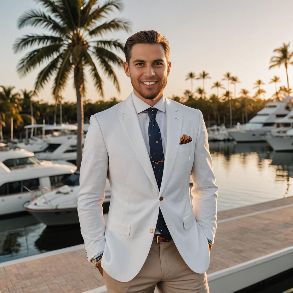 Confident Man in White Suit at Luxurious Marina