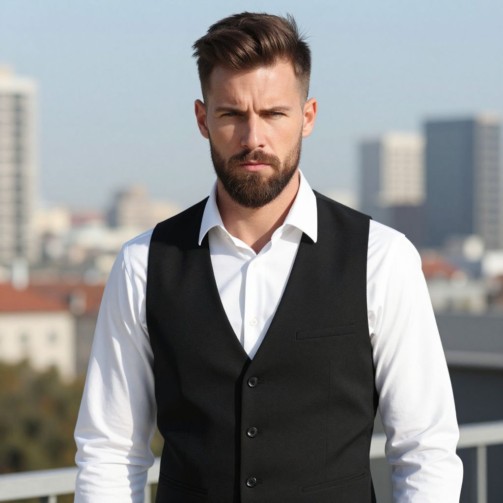 Confident Young Man in Black Vest and White Shirt Outdoors in City