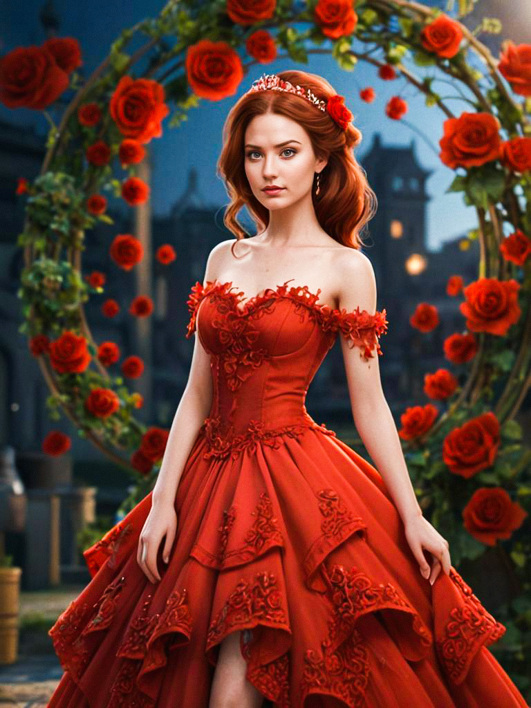 Elegant Woman in Red Ball Gown with Floral Embroidery Elegant Woman in Red Ball Gown with Floral Embroidery