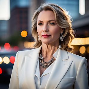 Confident Woman in White Blazer with Silver Jewelry